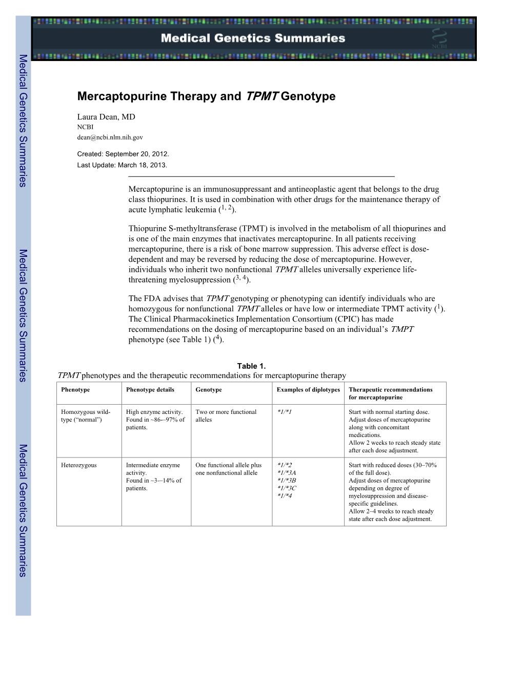 Mercaptopurine Therapy and TPMT Genotype