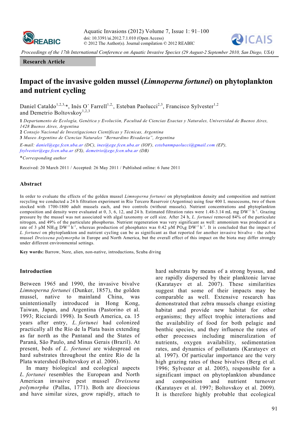 Limnoperna Fortunei) on Phytoplankton and Nutrient Cycling