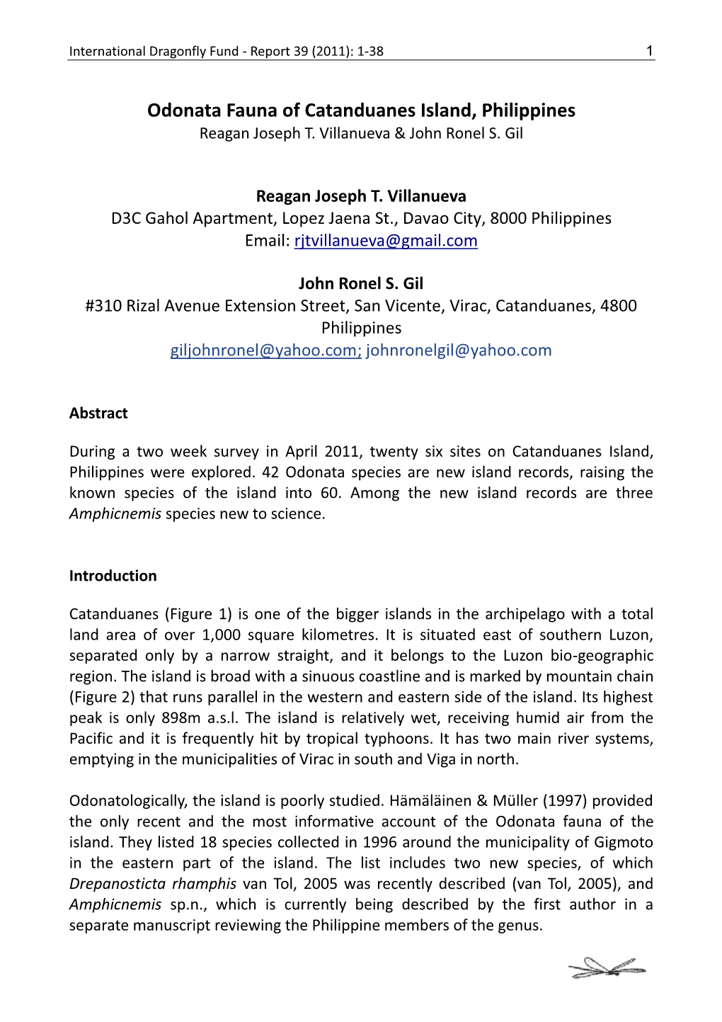 Odonata Fauna of Catanduanes Island, Philippines Reagan Joseph T