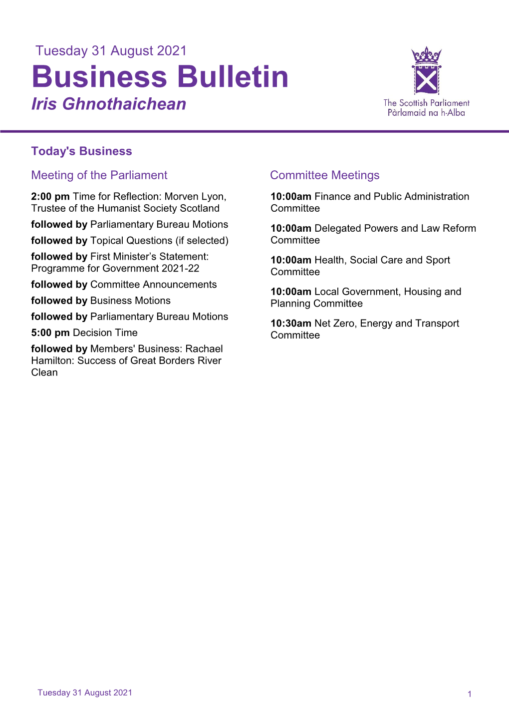 Tuesday 31 August 2021 Business Bulletin Iris Ghnothaichean