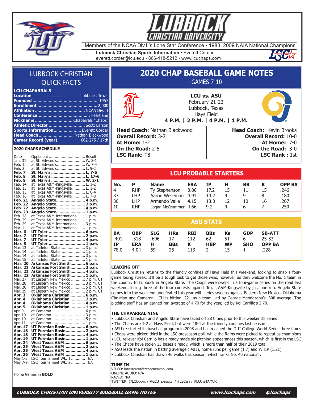 2020 CHAP BASEBALL GAME NOTES QUICK FACTS GAMES 7-10 LCU CHAPARRALS Location