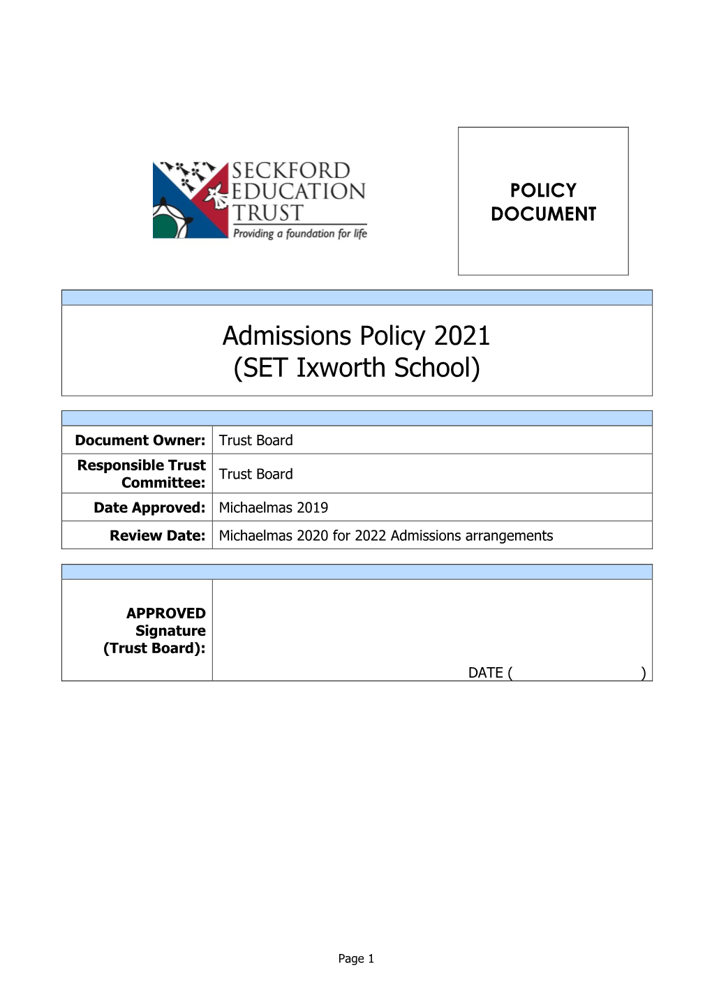 Admissions Policy 2021 (SET Ixworth School)