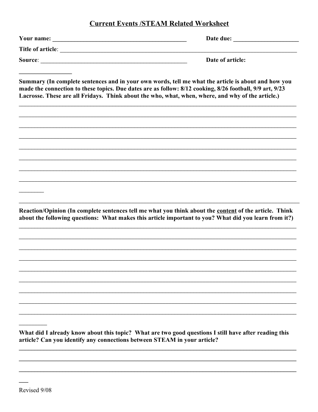 Current Events Worksheet