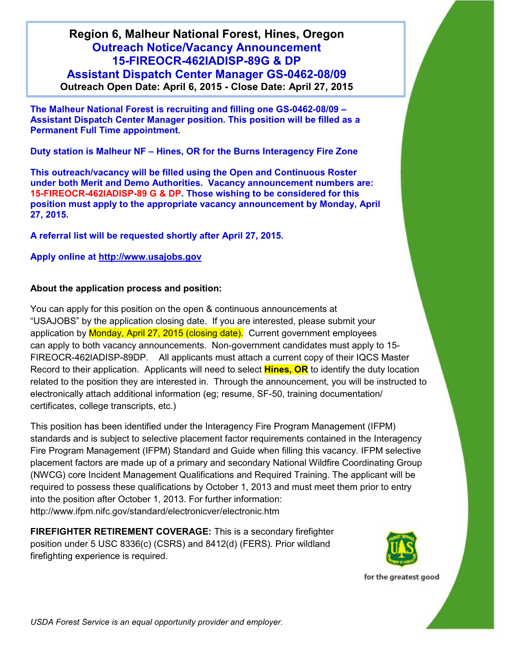 Region 6, Malheur National Forest, Hines, Oregon Outreach Notice