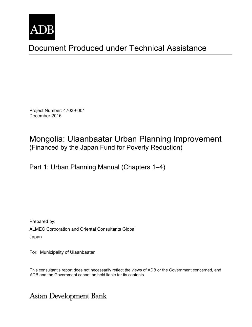 Document Produced Under Technical Assistance Mongolia: Ulaanbaatar