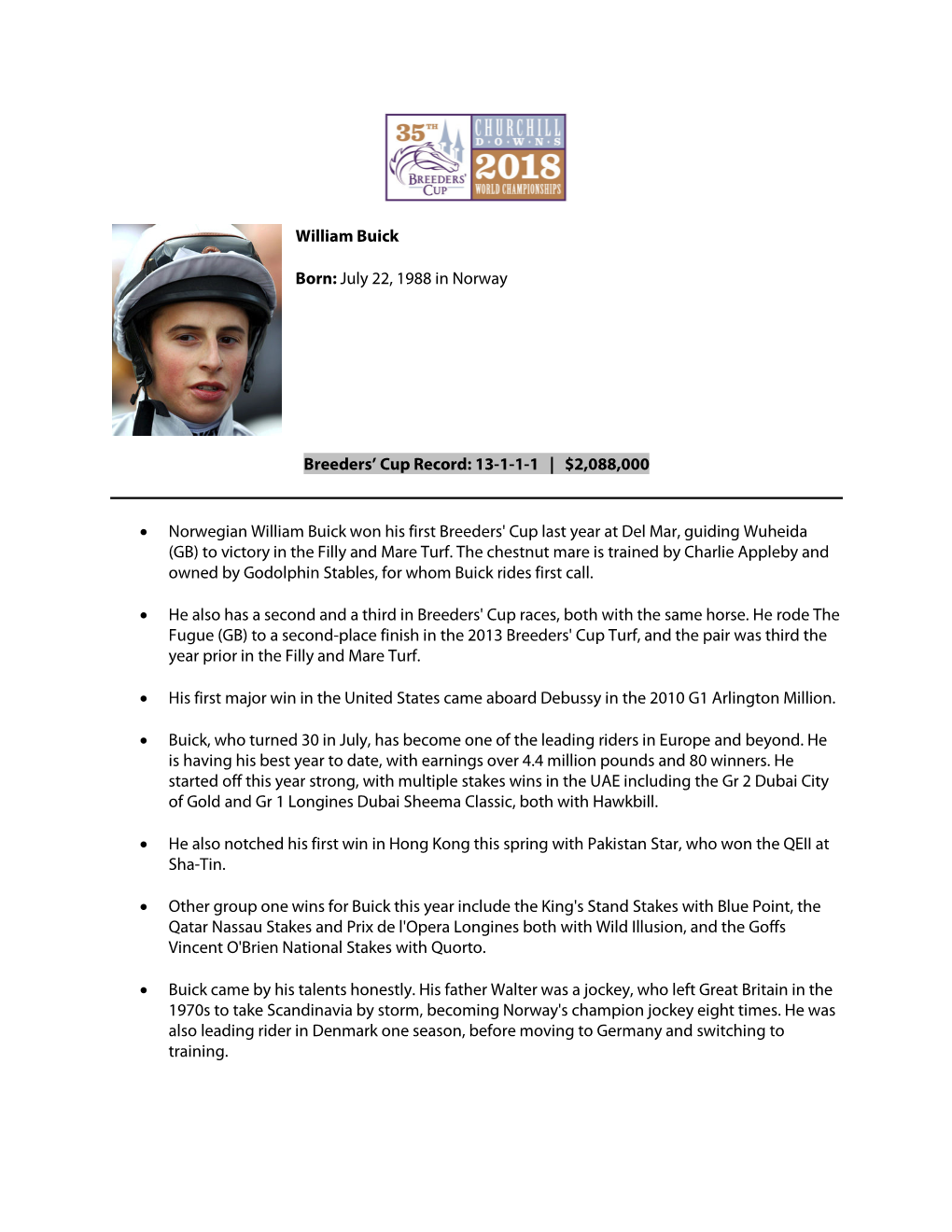 William Buick Born: July 22, 1988 in Norway Breeders' Cup Record: 13