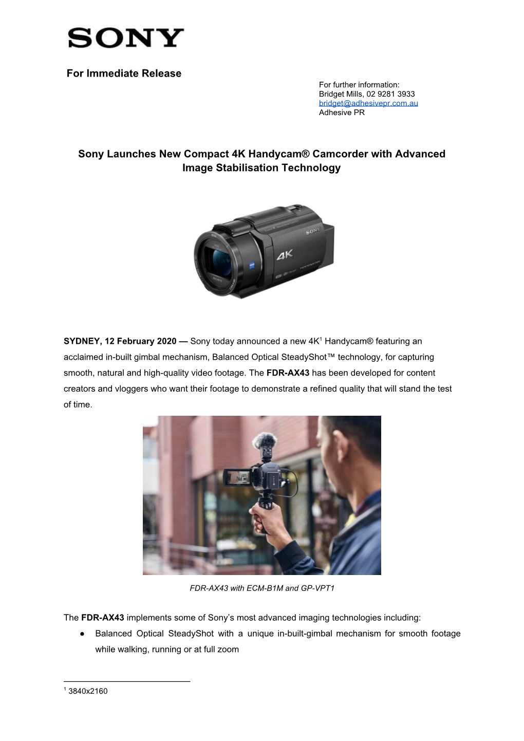 Sony Launches New Compact 4K Handycam® Camcorder with Advanced Image Stabilisation Technology
