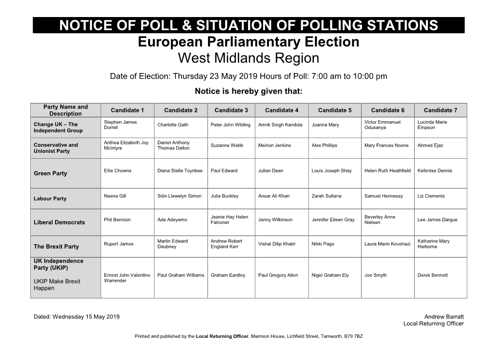 NOTICE of POLL & SITUATION of POLLING STATIONS European