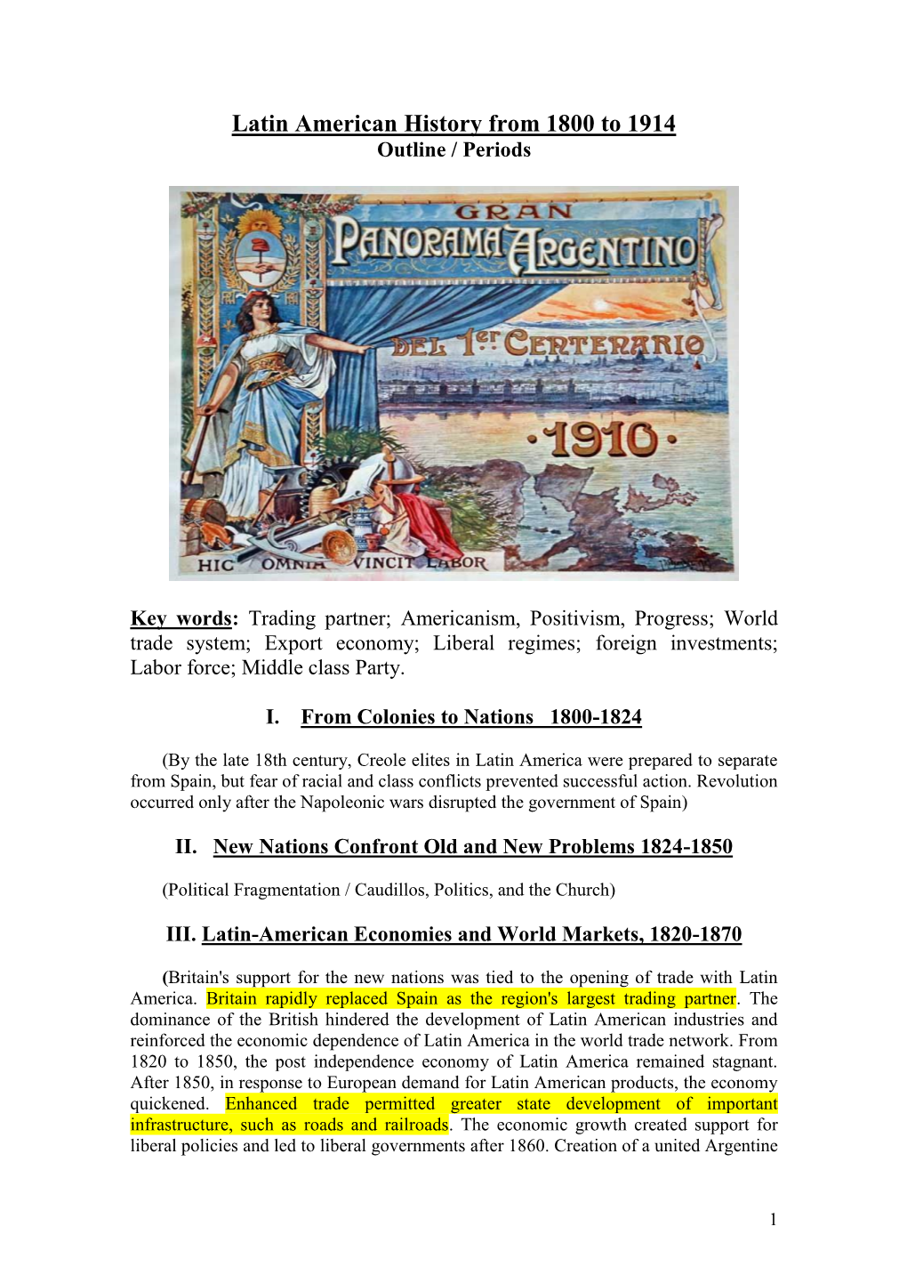 Latin American History from 1800 to 1914 Outline / Periods