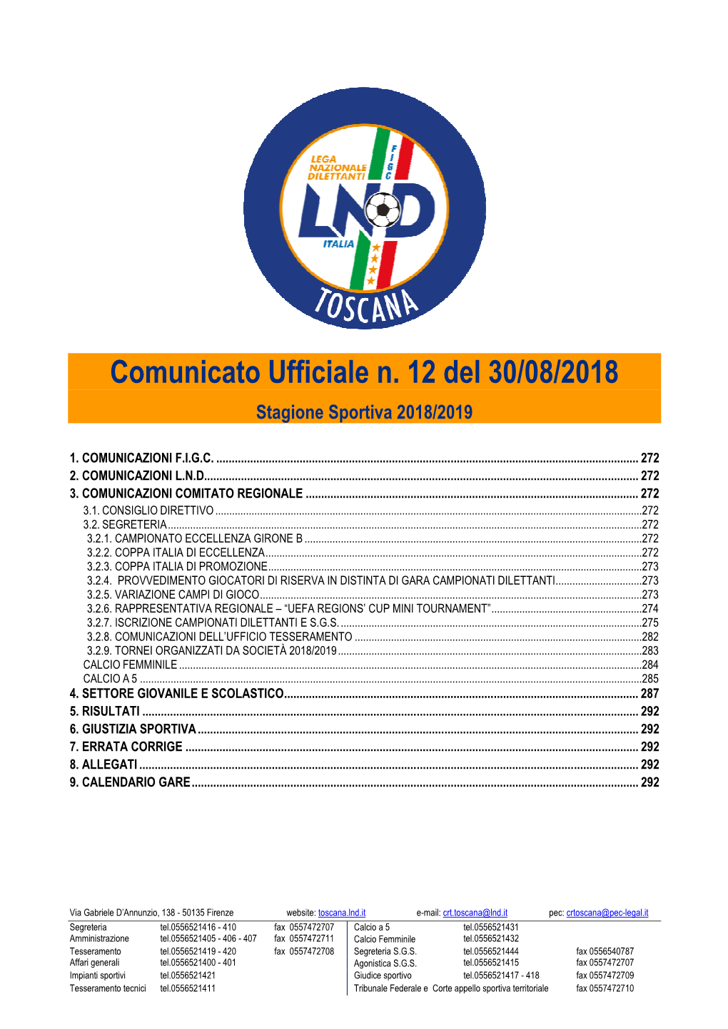 Comunicato Ufficiale N. 12 Del 30/08/2018