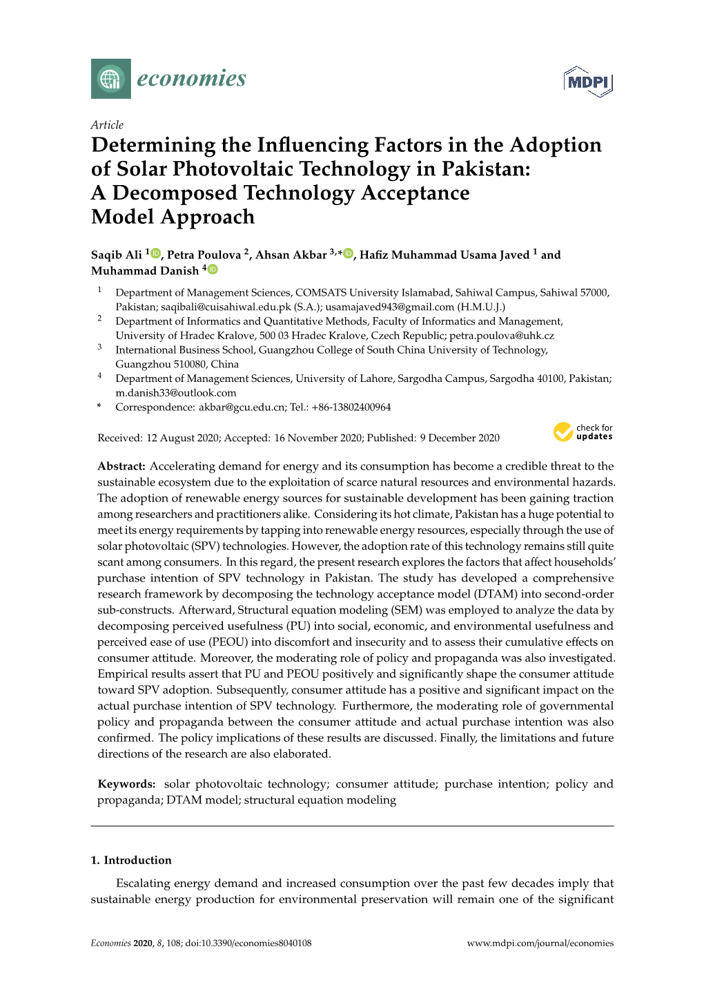 Determining the Influencing Factors in the Adoption of Solar Photovoltaic