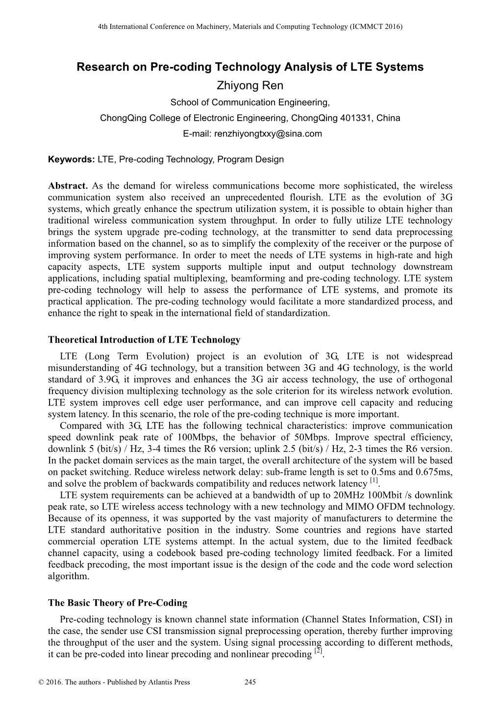 Research on Pre-Coding Technology Analysis of LTE Systems Zhiyong