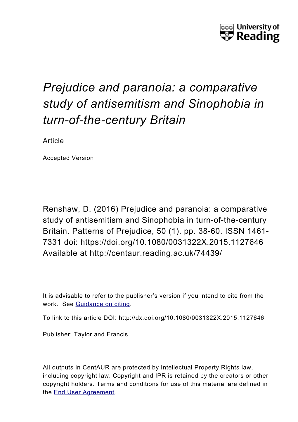 Prejudice and Paranoia: a Comparative Study of Antisemitism and Sinophobia in Turn-Of-The-Century Britain