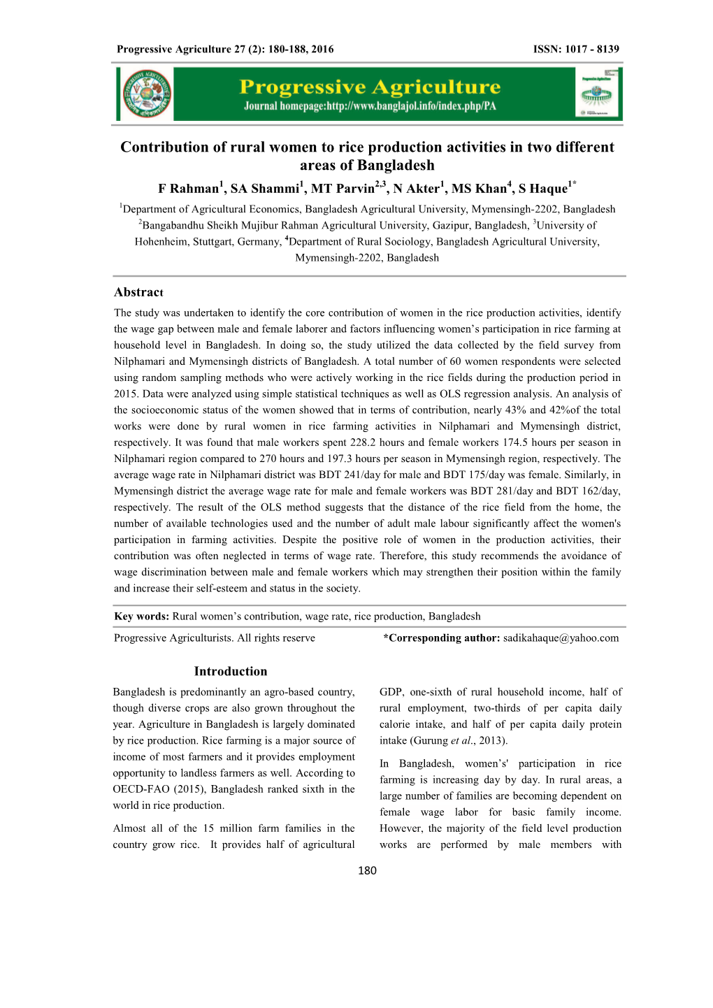 Contribution of Rural Women to Rice Production Activities in Two Different