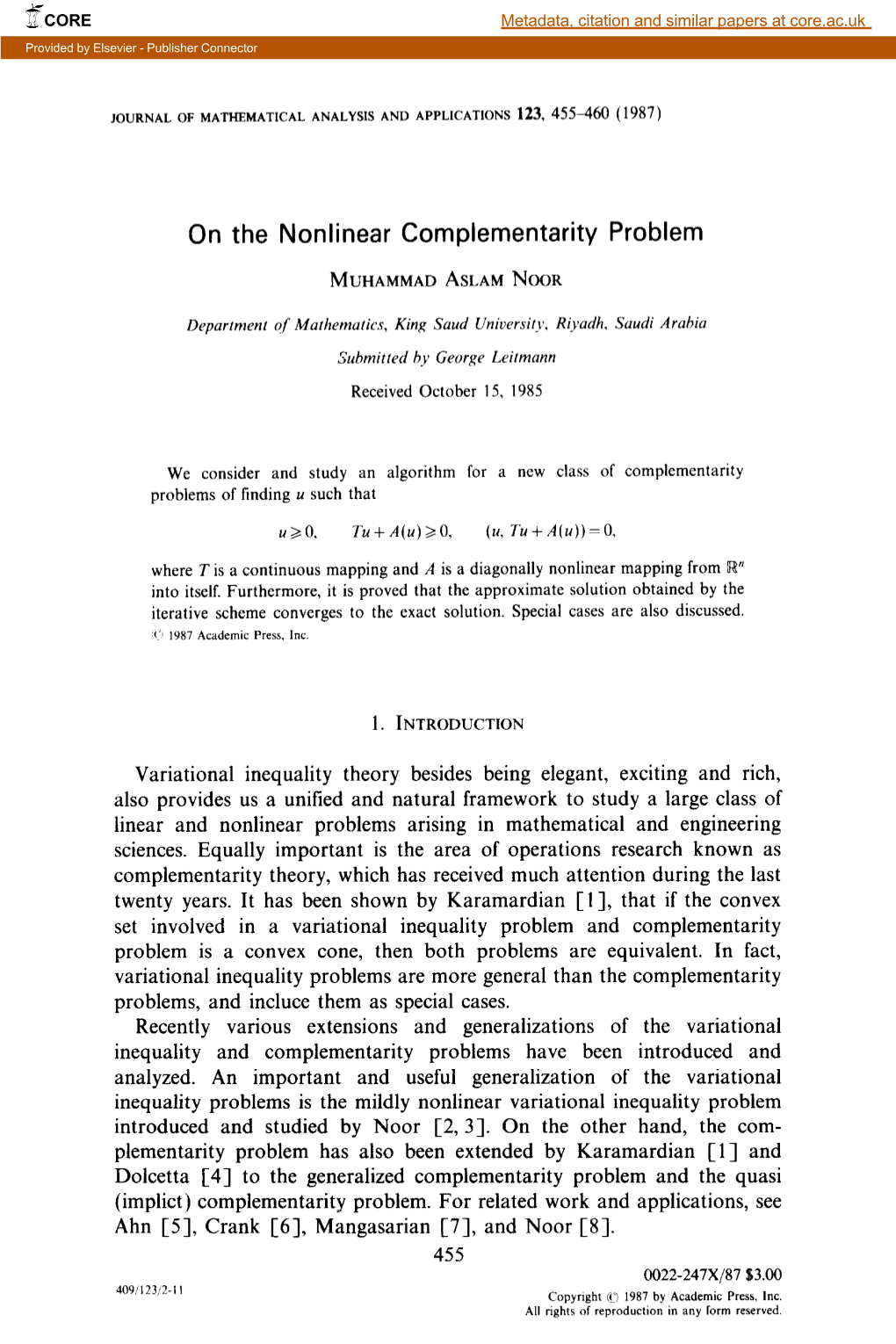 On the Nonlinear Complementarity Problem