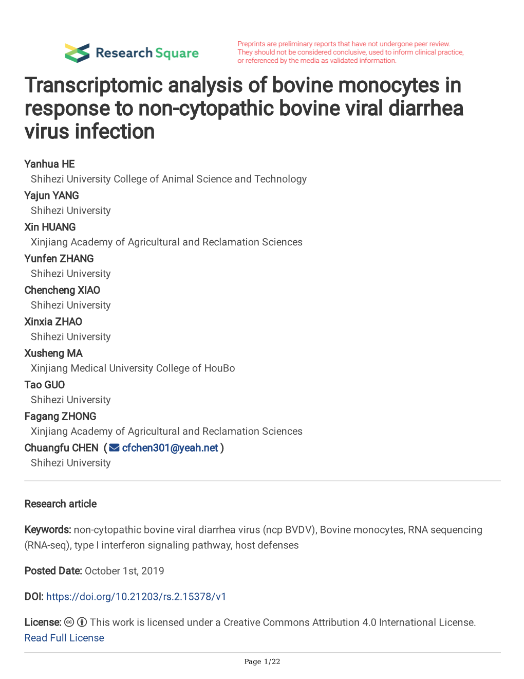 Transcriptomic Analysis of Bovine Monocytes in Response to Non-Cytopathic Bovine Viral Diarrhea Virus Infection