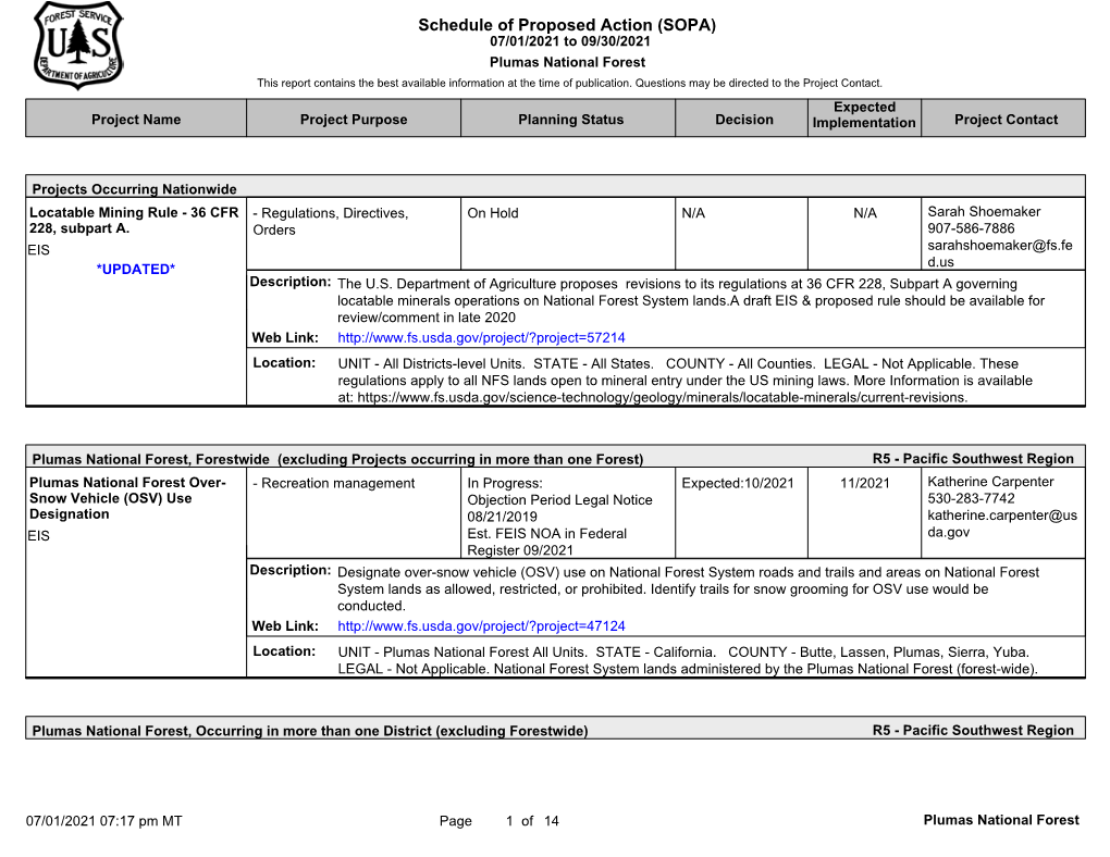 SOPA) 07/01/2021 to 09/30/2021 Plumas National Forest This Report Contains the Best Available Information at the Time of Publication