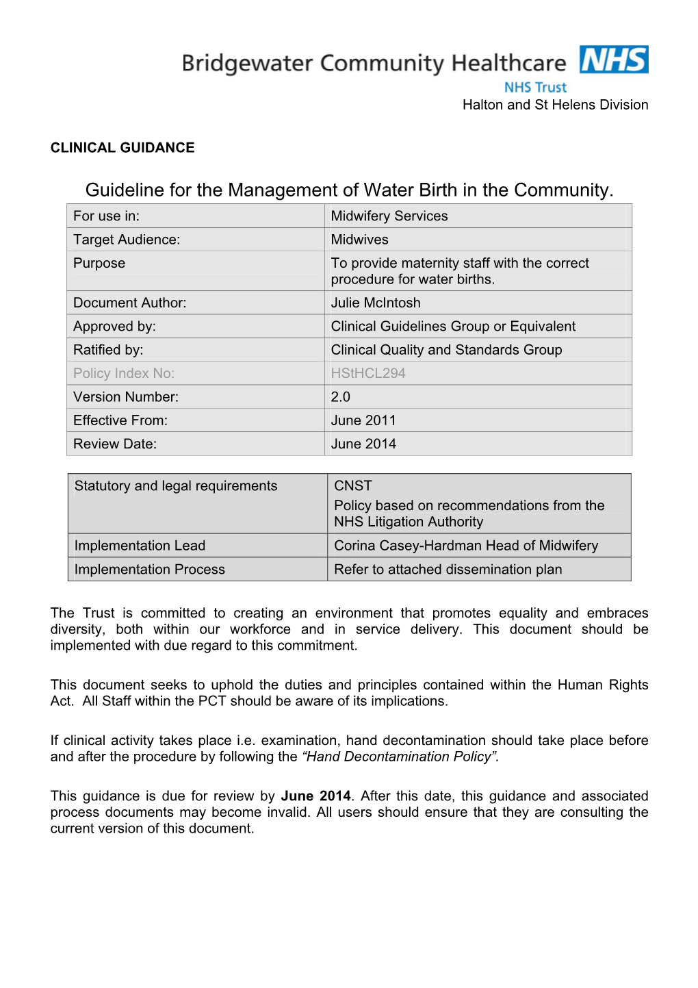 Guideline for the Management of Water Birth in the Community