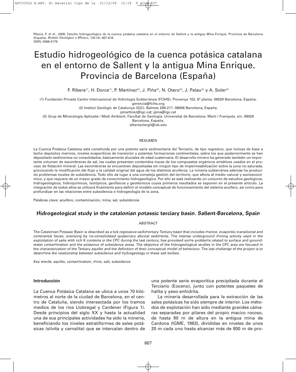 Estudio Hidrogeológico De La Cuenca Potásica Catalana En El Entorno De Sallent Y La Antigua Mina Enrique