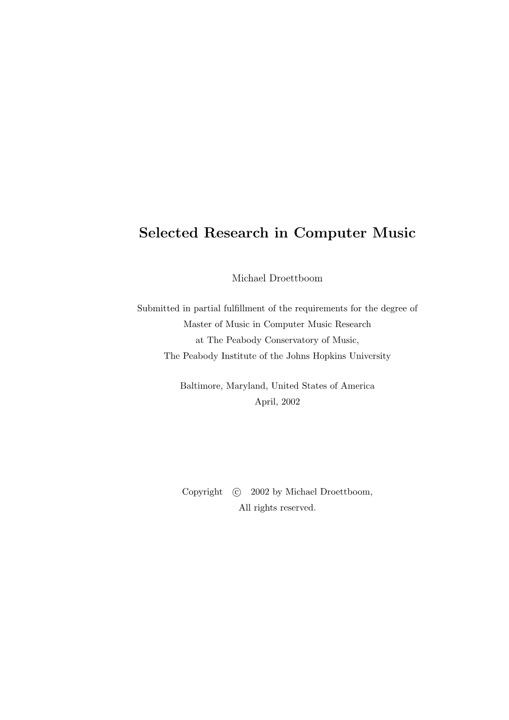 Selected Research in Computer Music