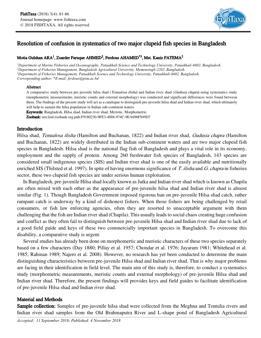 Resolution of Confusion in Systematics of Two Major Clupeid Fish Species in Bangladesh