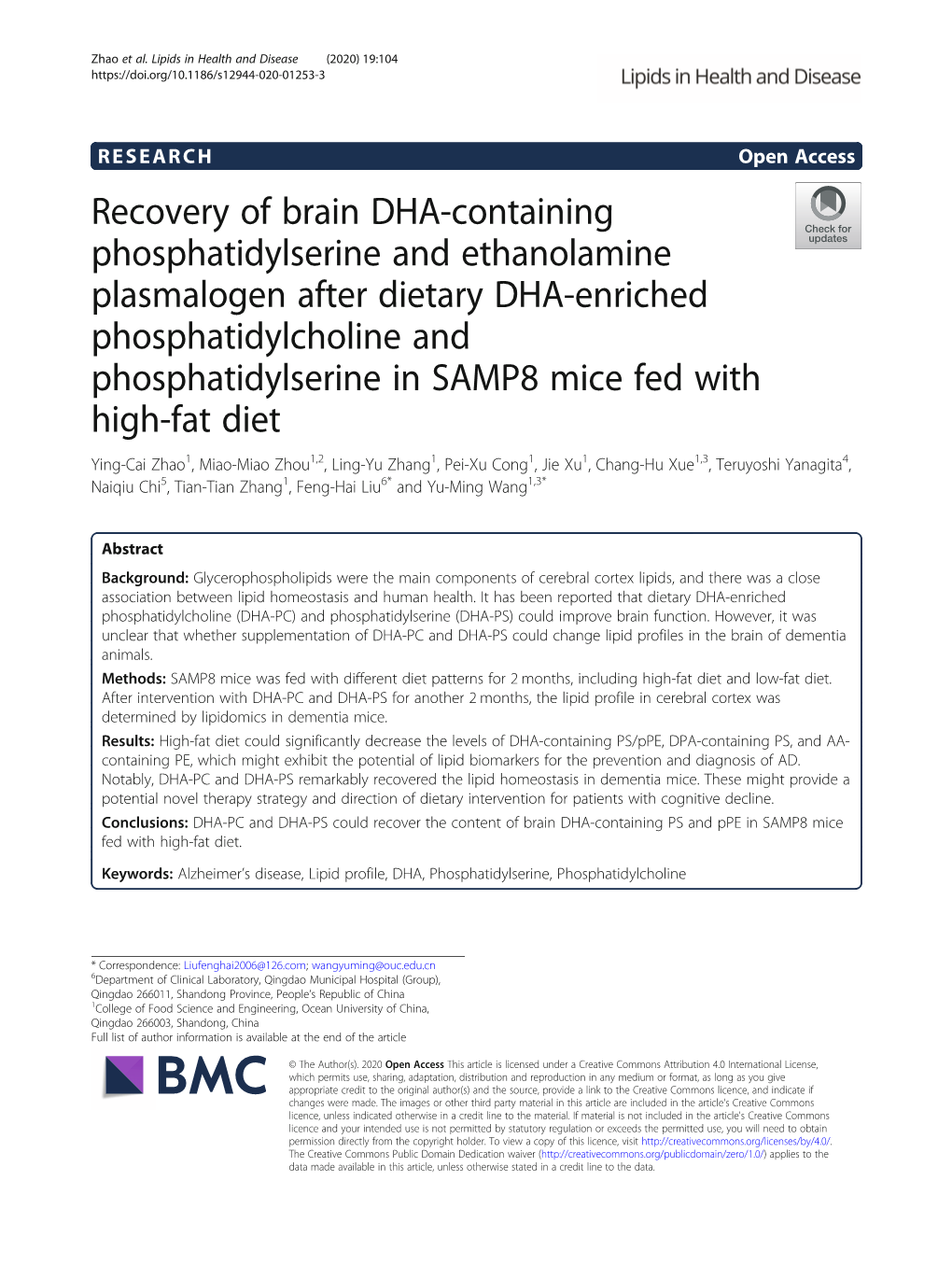 Recovery of Brain DHA-Containing Phosphatidylserine and Ethanolamine Plasmalogen After Dietary DHA-Enriched Phosphatidylcholine