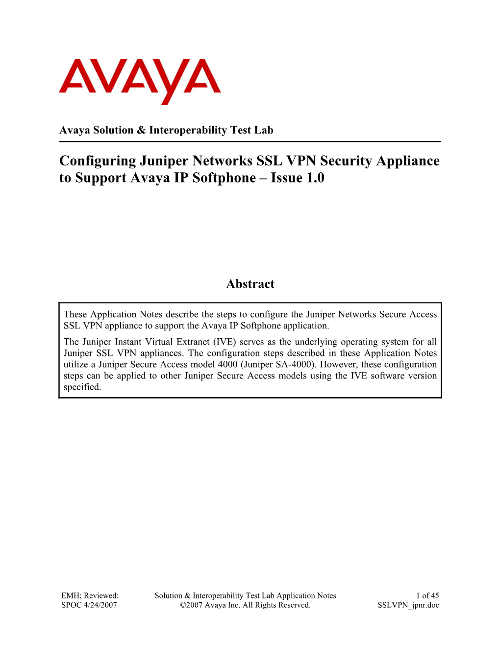 Configuring Juniper Networks SSL VPN Security Appliance to Support Avaya IP Softphone – Issue 1.0