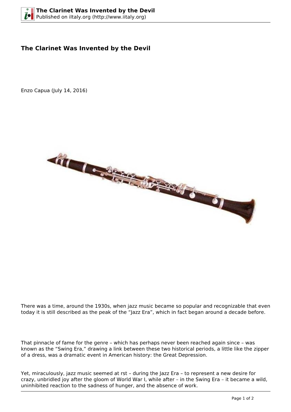 The Clarinet Was Invented by the Devil Published on Iitaly.Org (