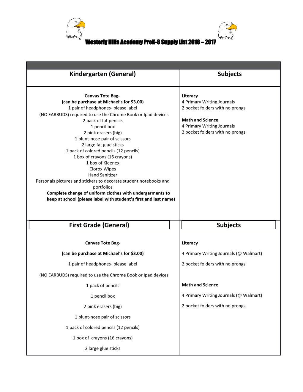 WHA 2016-2017 Supply List K-4