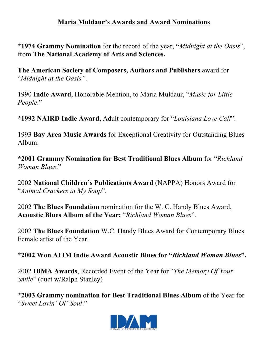 Maria Muldaur's Awards and Award Nominations