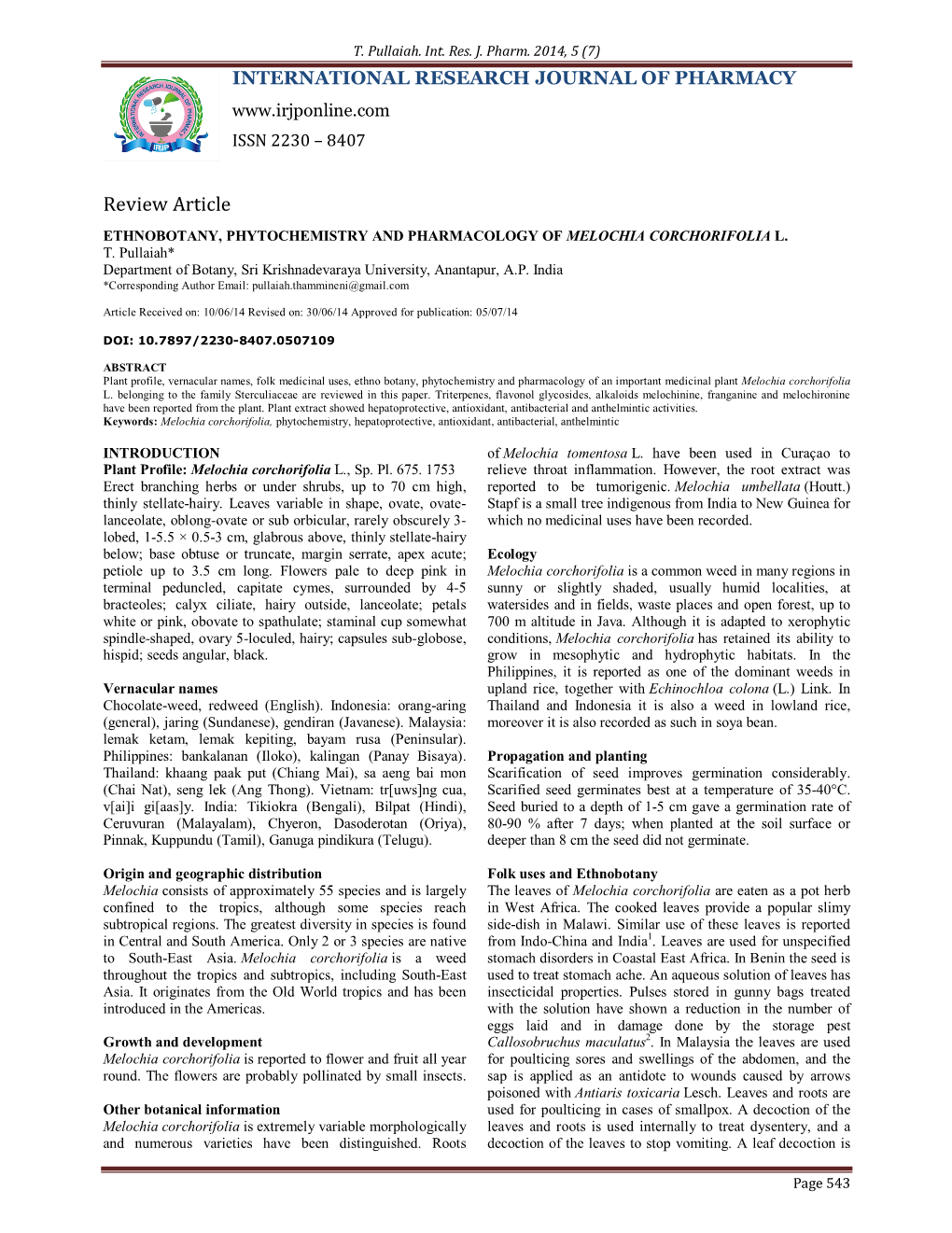 Ethnobotany, Phytochemistry, and Pharmacology of Melochia