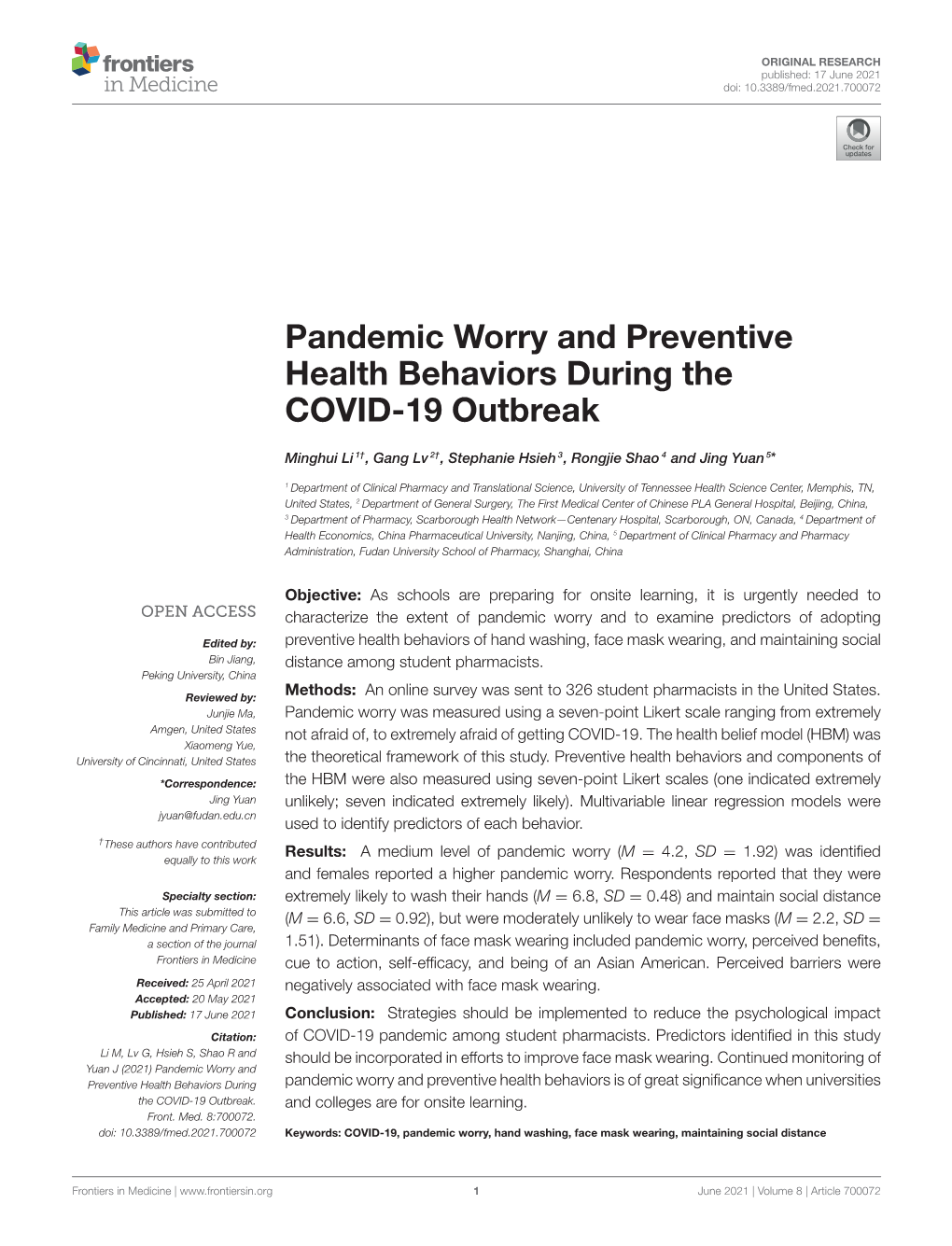 Pandemic Worry and Preventive Health Behaviors During the COVID-19 Outbreak