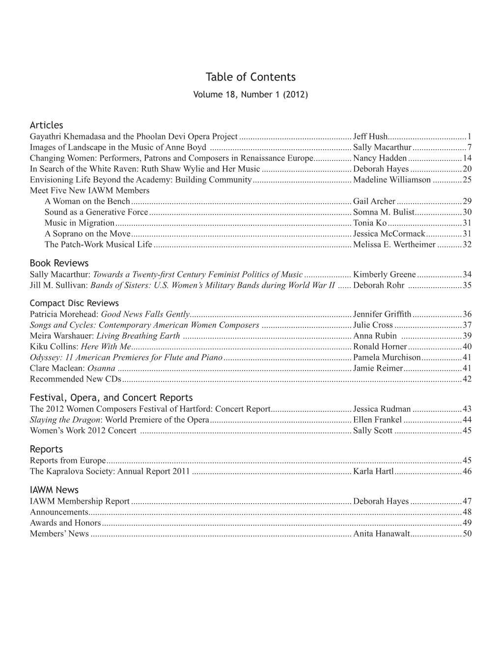 Table of Contents Volume 18, Number 1 (2012)