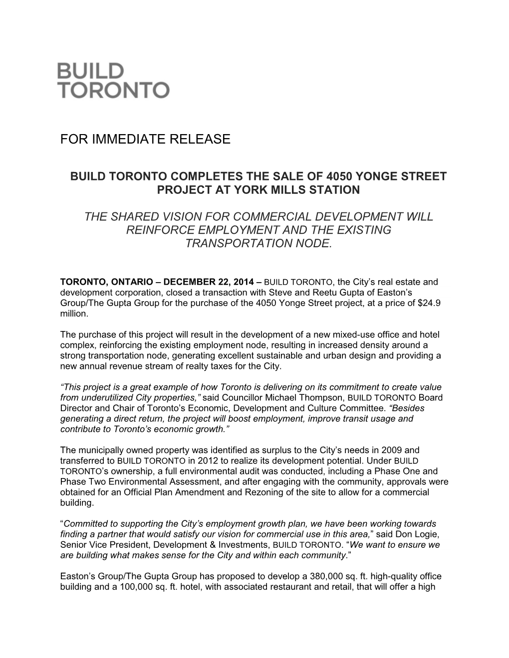 Build Toronto Completes the Sale of 4050 Yonge Street Project at York Mills Station