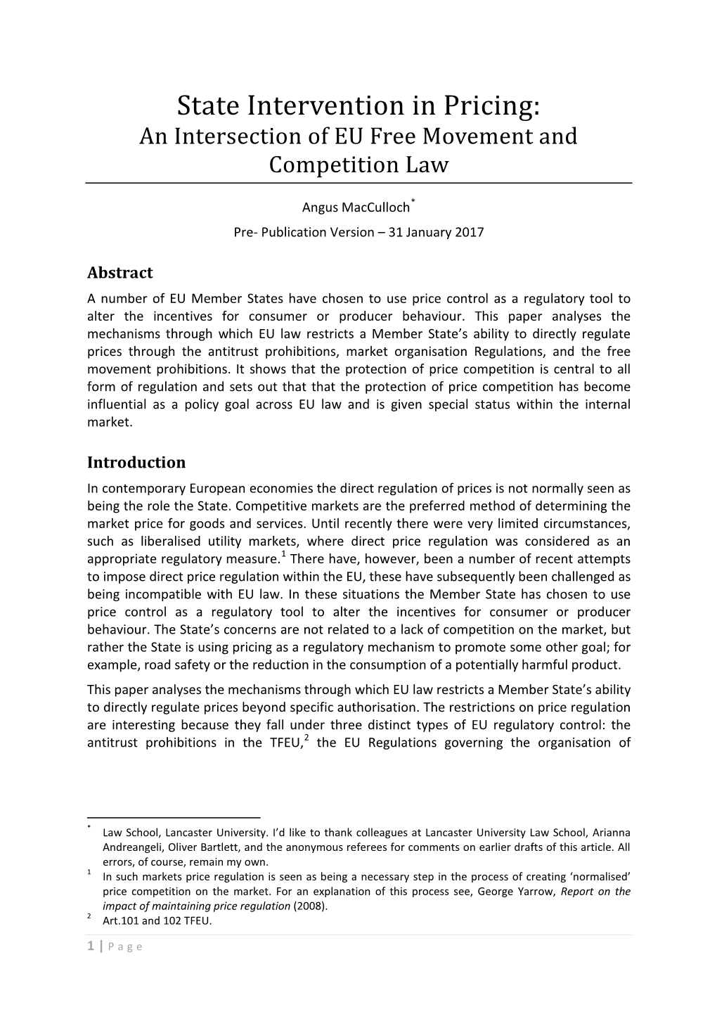 State Intervention in Pricing: an Intersection of EU Free Movement and Competition Law