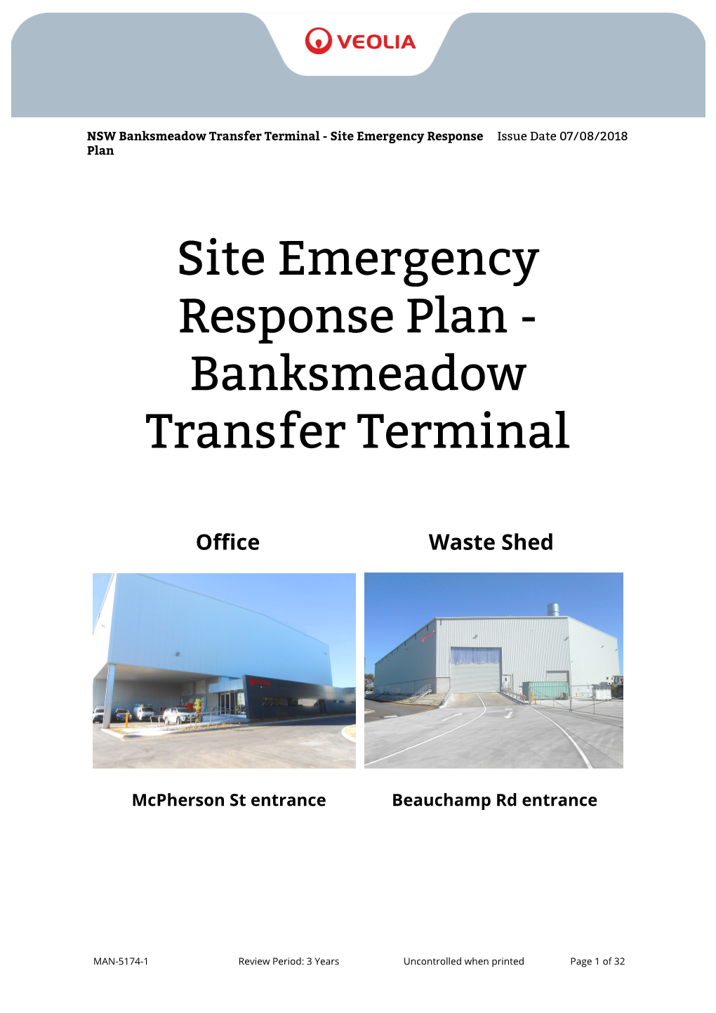 Site Emergency Response Plan - Banksmeadow Transfer Terminal