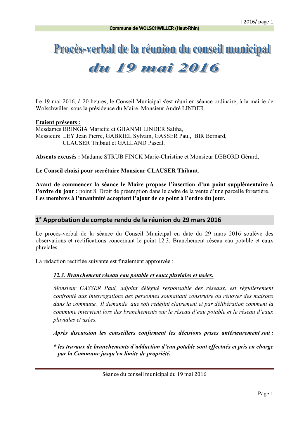 1° Approbation De Compte Rendu De La Réunion Du 29 Mars 2016