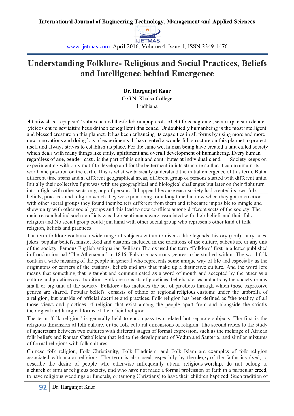 Understanding Folklore- Religious and Social Practices, Beliefs and Intelligence Behind Emergence