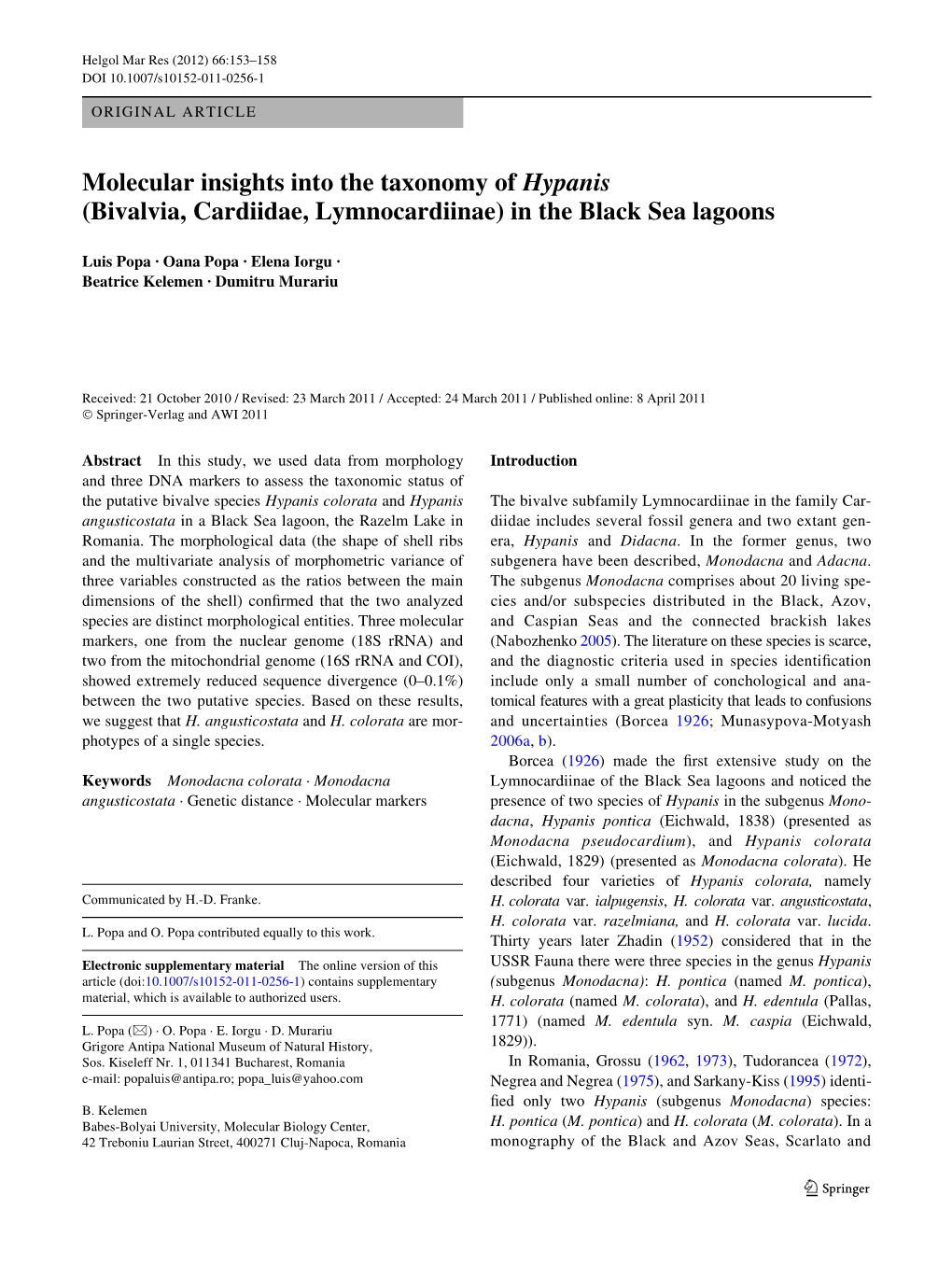 Molecular Insights Into the Taxonomy of Hypanis (Bivalvia, Cardiidae, Lymnocardiinae) in the Black Sea Lagoons