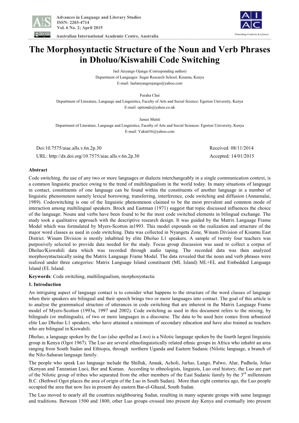 The Morphosyntactic Structure of the Noun and Verb Phrases in Dholuo/Kiswahili Code Switching