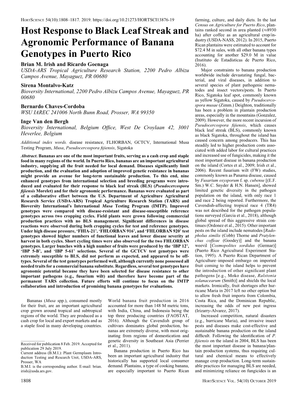 Host Response to Black Leaf Streak and Agronomic Performance of Banana Genotypes in Puerto Rico