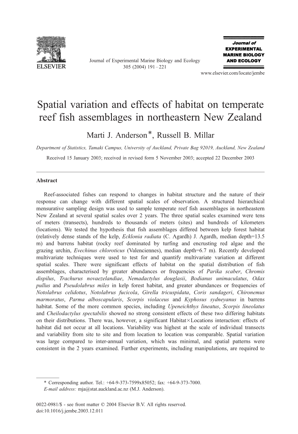 Spatial Variation and Effects of Habitat on Temperate Reef Fish Assemblages in Northeastern New Zealand