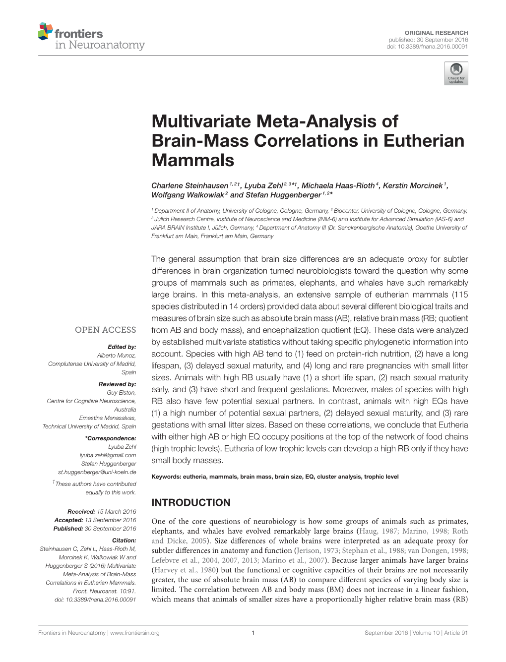 Multivariate Meta-Analysis of Brain-Mass Correlations in Eutherian Mammals