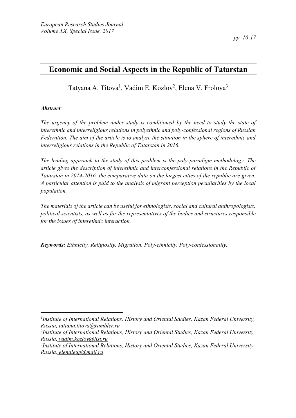 Economic and Social Aspects in the Republic of Tatarstan