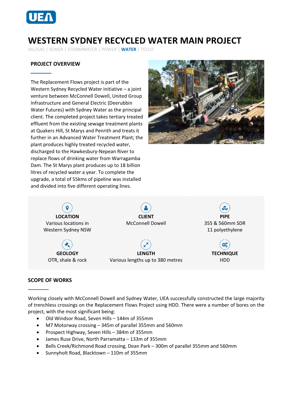 Western Sydney Recycled Water Main Project Oil/Gas | Sewer | Stormwater | Power | Water | Telco