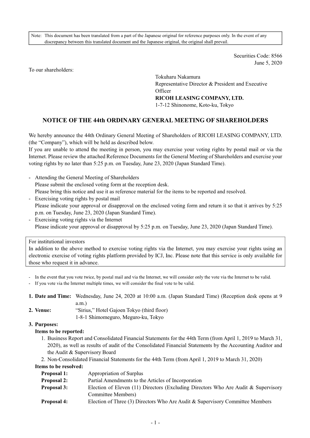 NOTICE of the 44Th ORDINARY GENERAL MEETING of SHAREHOLDERS