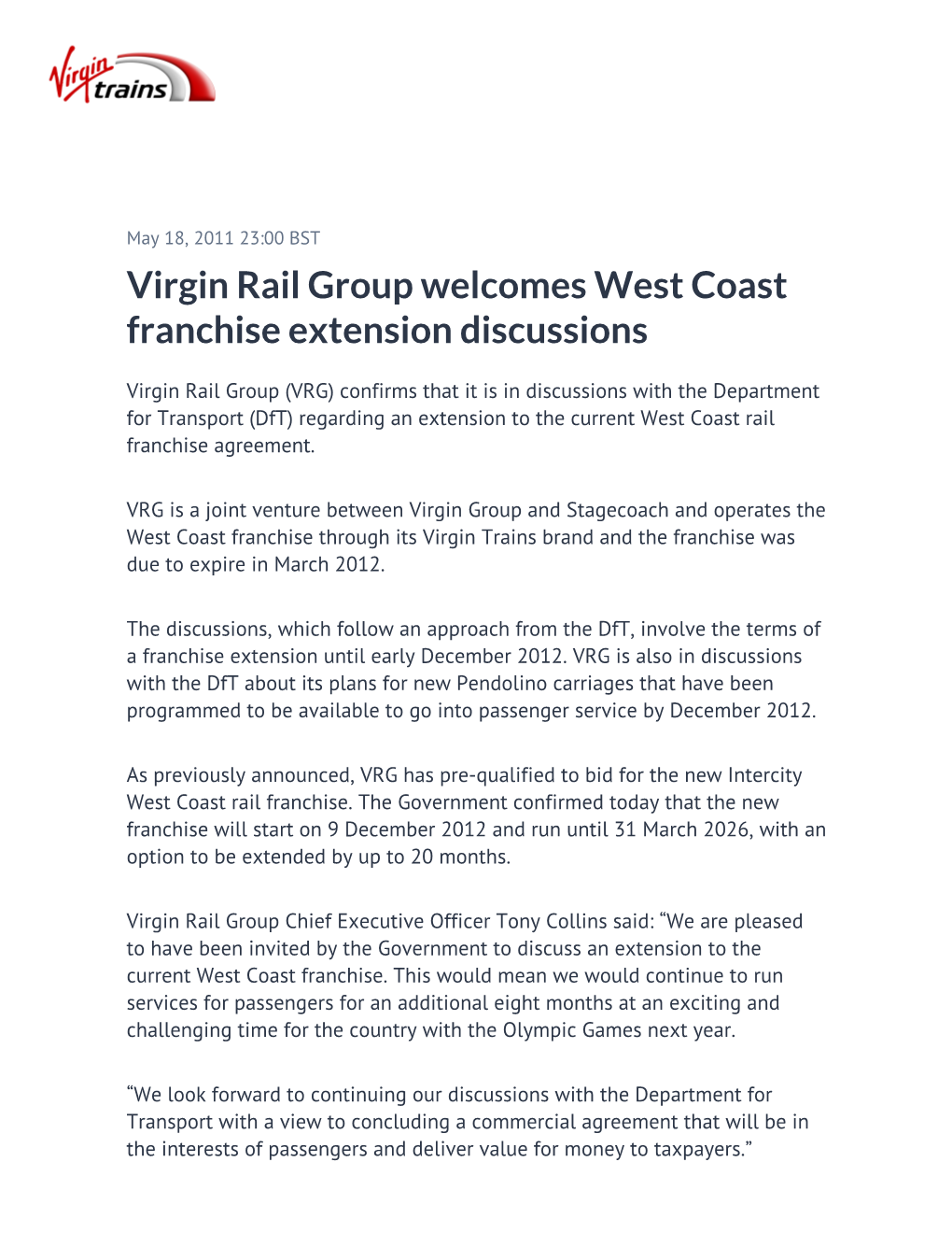 Virgin Rail Group Welcomes West Coast Franchise Extension Discussions