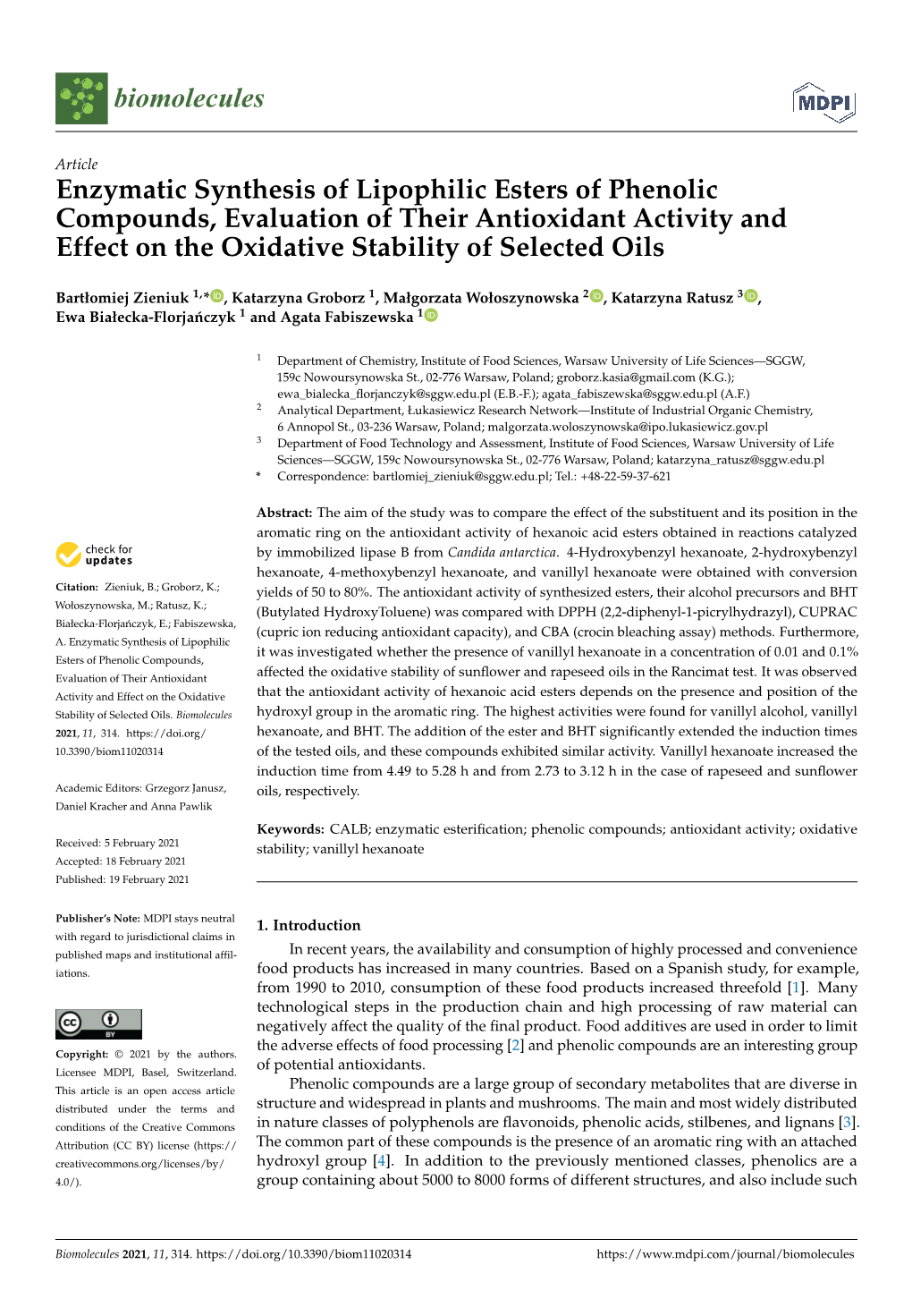 Enzymatic Synthesis of Lipophilic Esters of Phenolic Compounds, Evaluation of Their Antioxidant Activity and Effect on the Oxidative Stability of Selected Oils