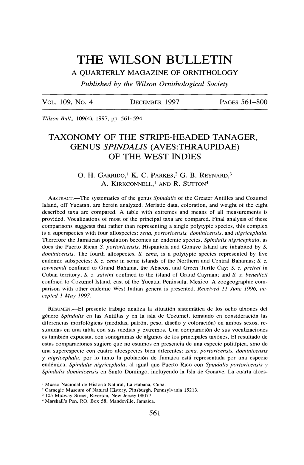 Taxonomy of the Stripe-Headed Tanager, Genus Spindalis (Aves:Thraupidae) of the West Indies