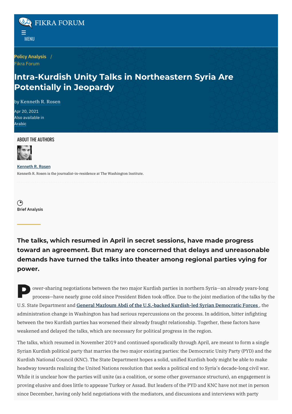 Intra-Kurdish Unity Talks in Northeastern Syria Are Potentially in Jeopardy by Kenneth R